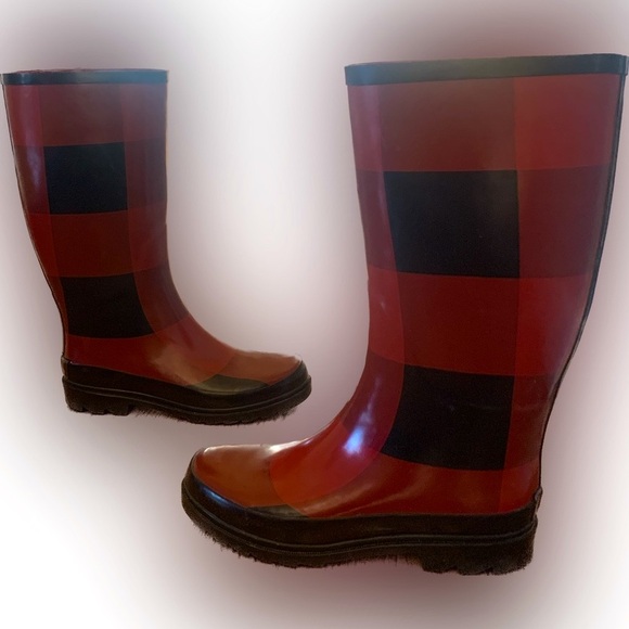 143 Girl Women’s 6 Red Black Buffalo Checks Tall All Weather Rain Boots - Picture 2 of 4
